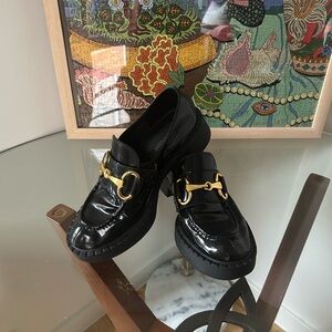 Jeffrey Campbell Portina Platform Black Loafers with Gold Buckle